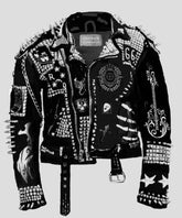 Men's Black Leather Jacket with Silver Studs, Patches of Boots, Fish, Guitar, Stars & More | Stylish Western-Inspired Steam Punk Rockers Men